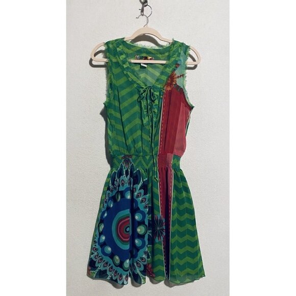 Desigual Dress Womens Medium Green Damen Kleid Smocked Waist Artsy Boho Colorful - Picture 2 of 7